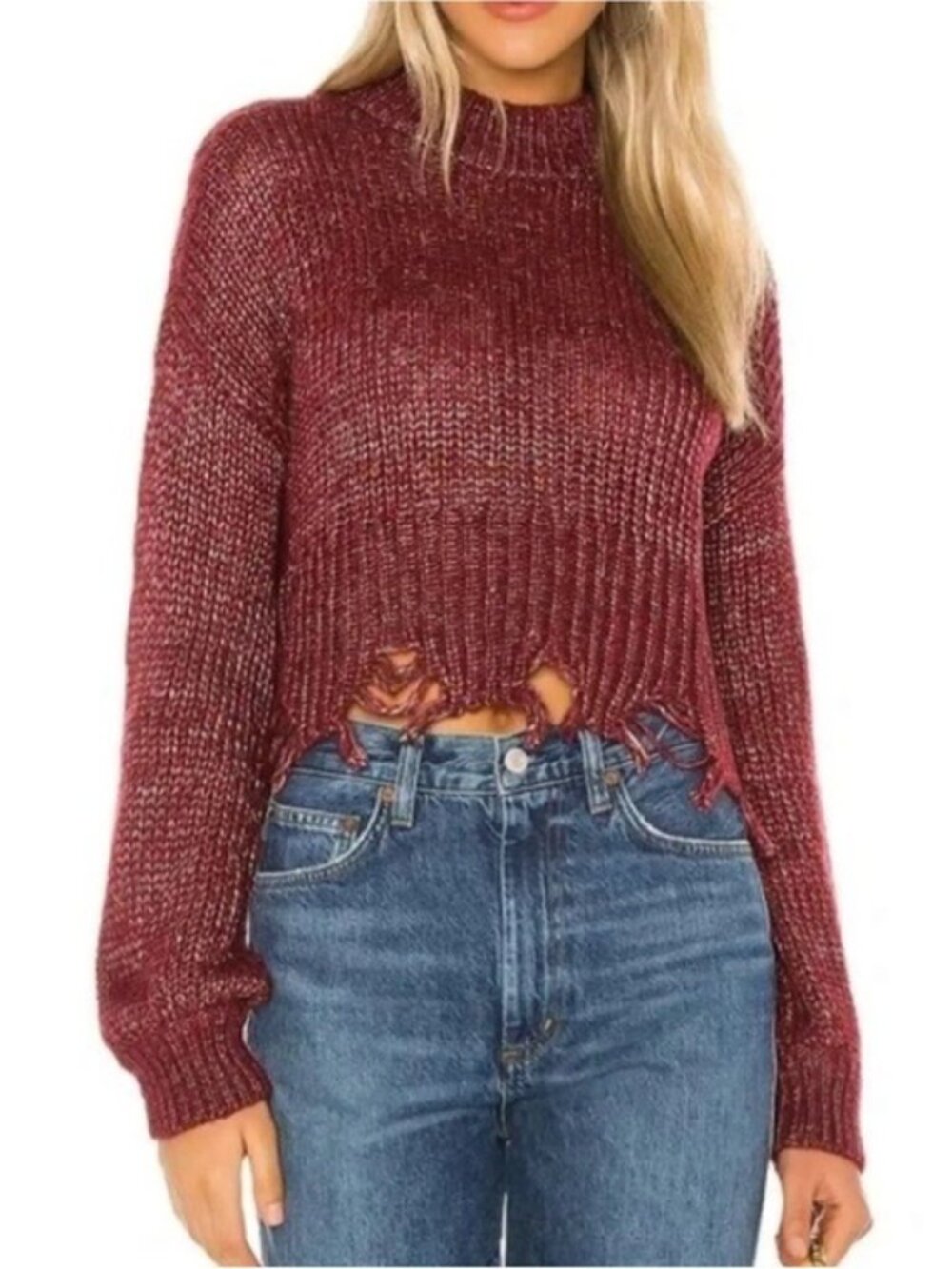 Lovers & Friends Frayed Mock Neck Sweater Puff Sleeve Feminine Cozy